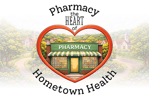 Heart-shaped illustration featuring a pharmacy as the heart of hometown health